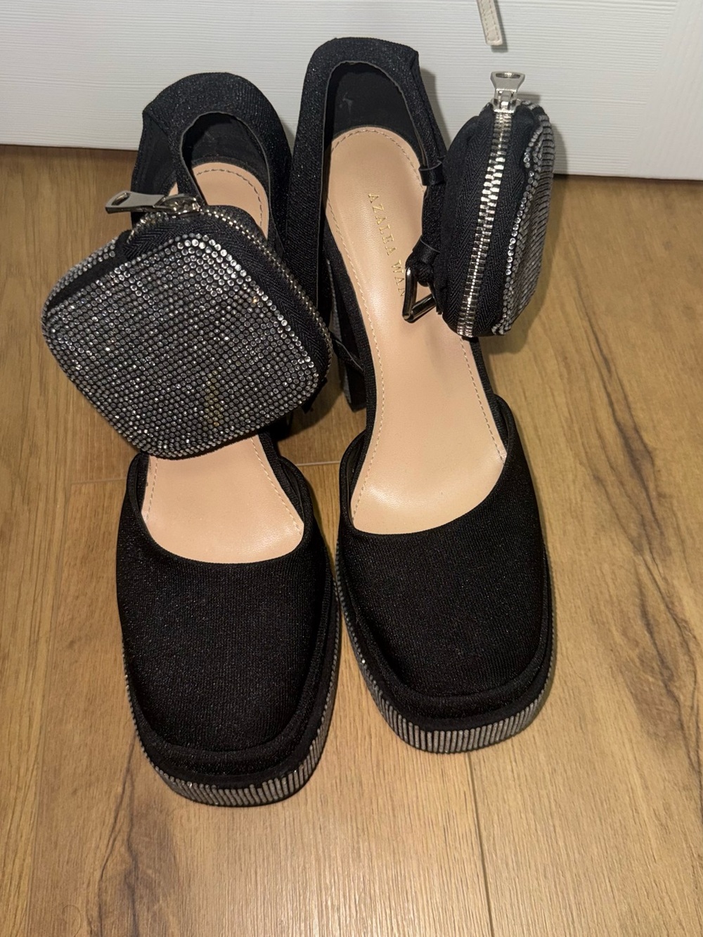 AKIRA Black Embellished Ankle-Strap Block Heels